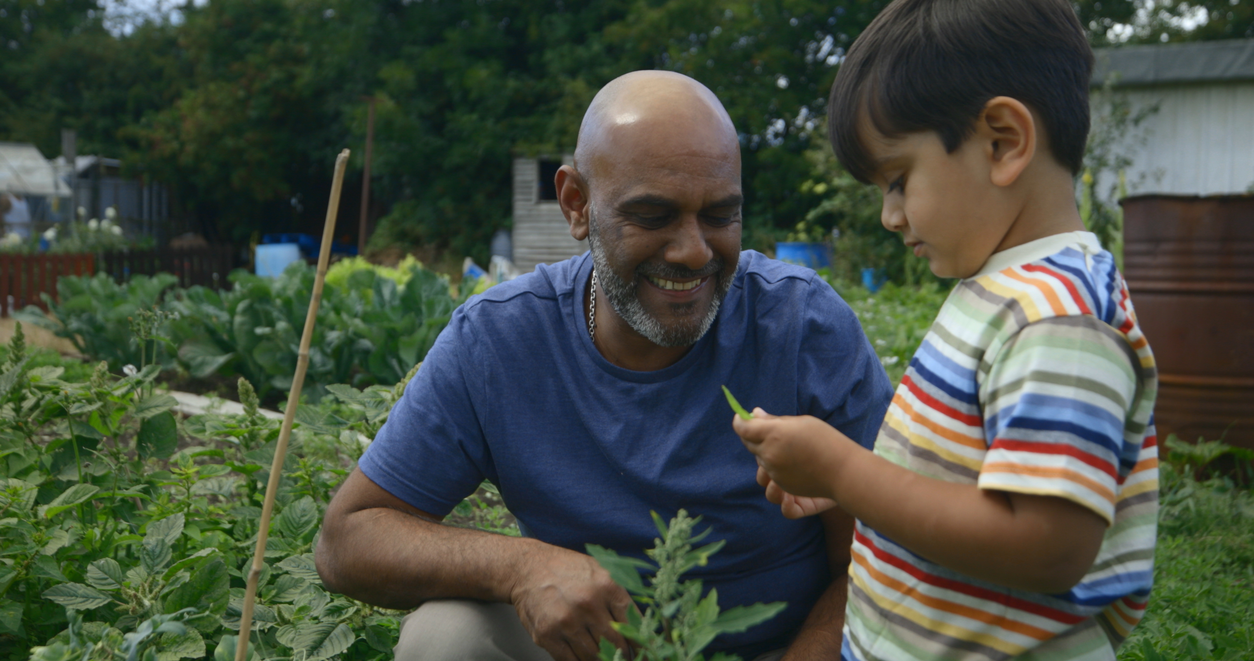 Adult alongside child in a vegetable garden.